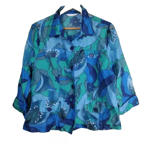 Erin London Floral Blazer Jacket Women's Lined Front Button Blue Green Size L - Picture 1 of 11